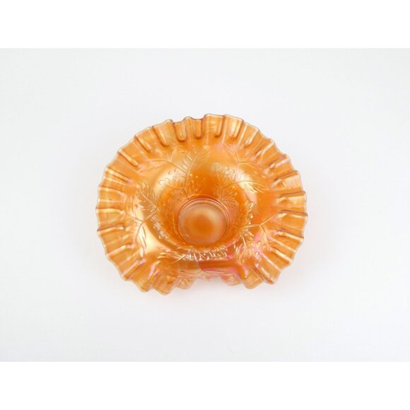 Vintage Carnival Glass Ruffled Edges Iridescent Leaf & Holly Berry Bowl - Picture 6 of 8